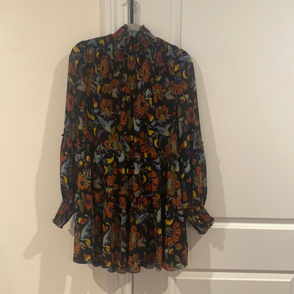 cinq a sept Black Floral Mini Dress with Red, Yellow & Blue Accents